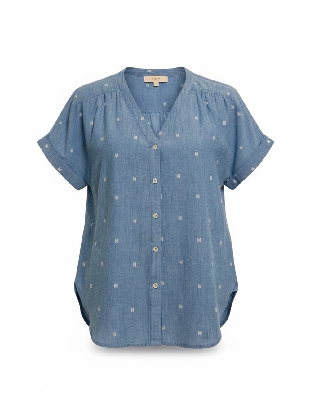 LOFT Light Blue Short Sleeve Button-Down V-Neck Top